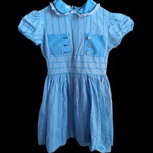 Vintage Girls Dress 10 1950's Blue Gingham Peter Pan Collar Lace Trim Dorothy